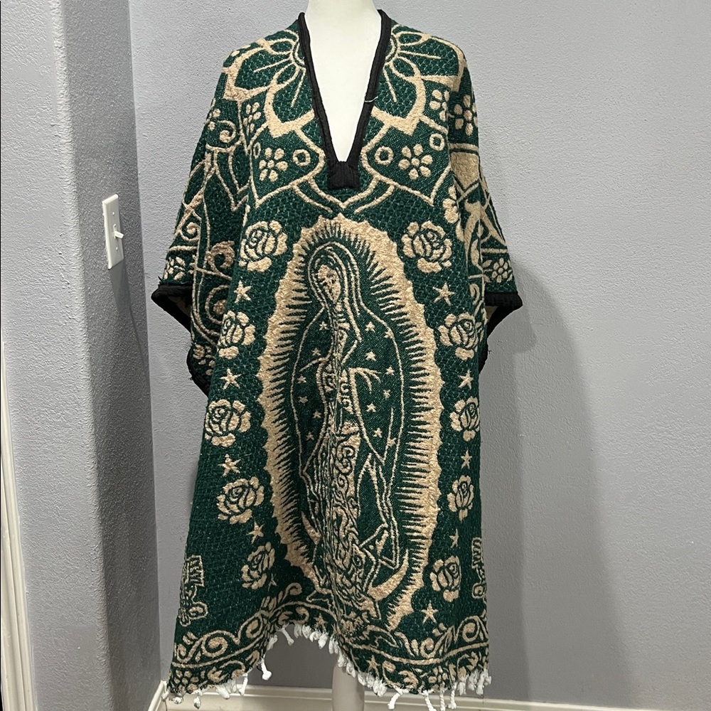 Authentic Mexican Poncho Featuring Our Lady Of Guadalupe. Unisex.Green & Cream.
